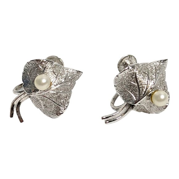 Vintage Sterling Silver Bond Boyd Leaf Faux Pearl Screw Back Earrings - Picture 1 of 5